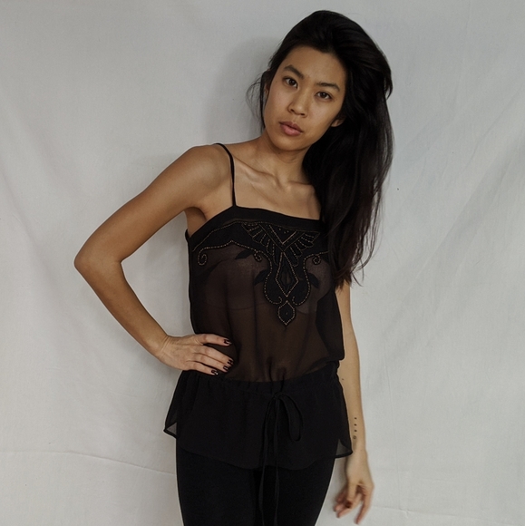 Sheer drawstring waist embroidered beaded tank - Picture 2 of 8